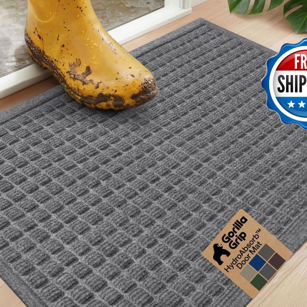 GORILLA GRIP HydroABSORB Door Mat Indoor Outdoor Use, 29x17 Gray 840029649534